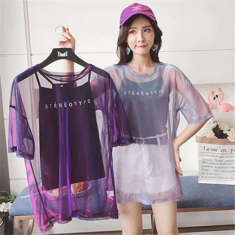 2019 Fashion Hollow Out T Shirt Women Sexy Transparent Summer Female Tops Casual Short Sleeve Two Women Sets T-Shirts+Vest