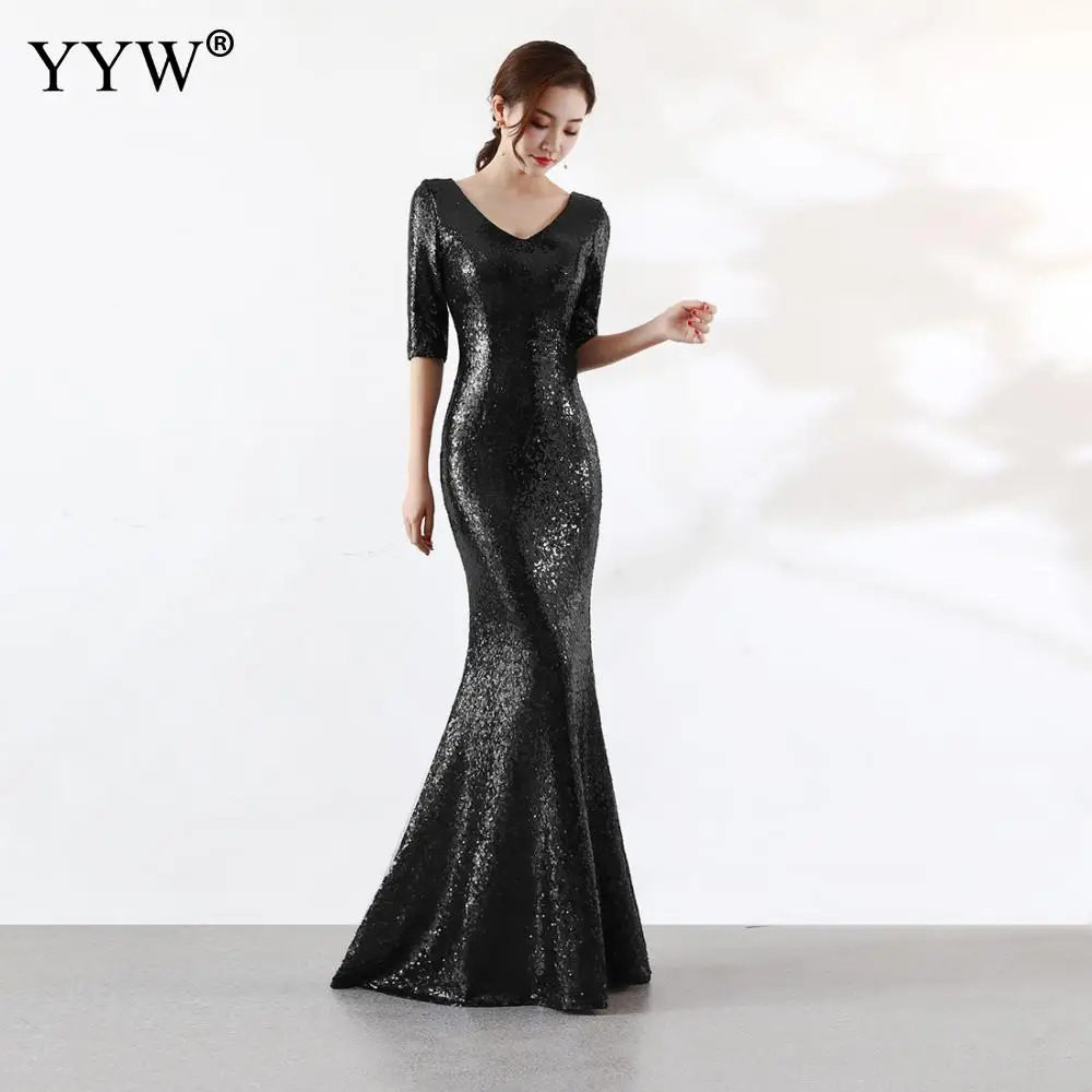 Luksusowe złoty Sliver Sequined długi sukienka na imprezę kobiety V Neck Backless syrenka suknia wieczorowa pół rękaw Bodycon Sexy klub nosić