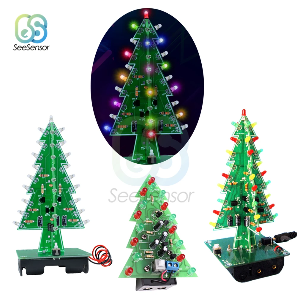 Three-Dimensional 3D Christmas Tree LED DIY Kit 7 Colors Red/Green/Yellow LED Flash Circuit Kit Electronic Suite Holiday Decor