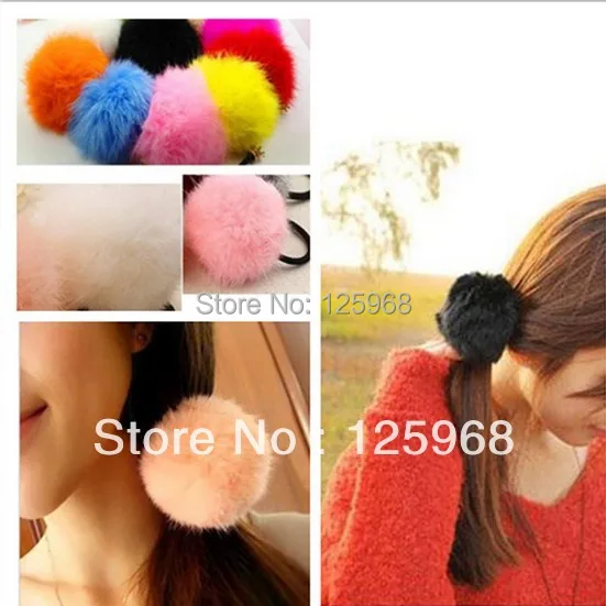 Free Shipping,Wholesale 20pcs/lot Trend All-match Candy Color Headband Faux Fur Ball Hair Bands Womens Ponytail Holder Ropes