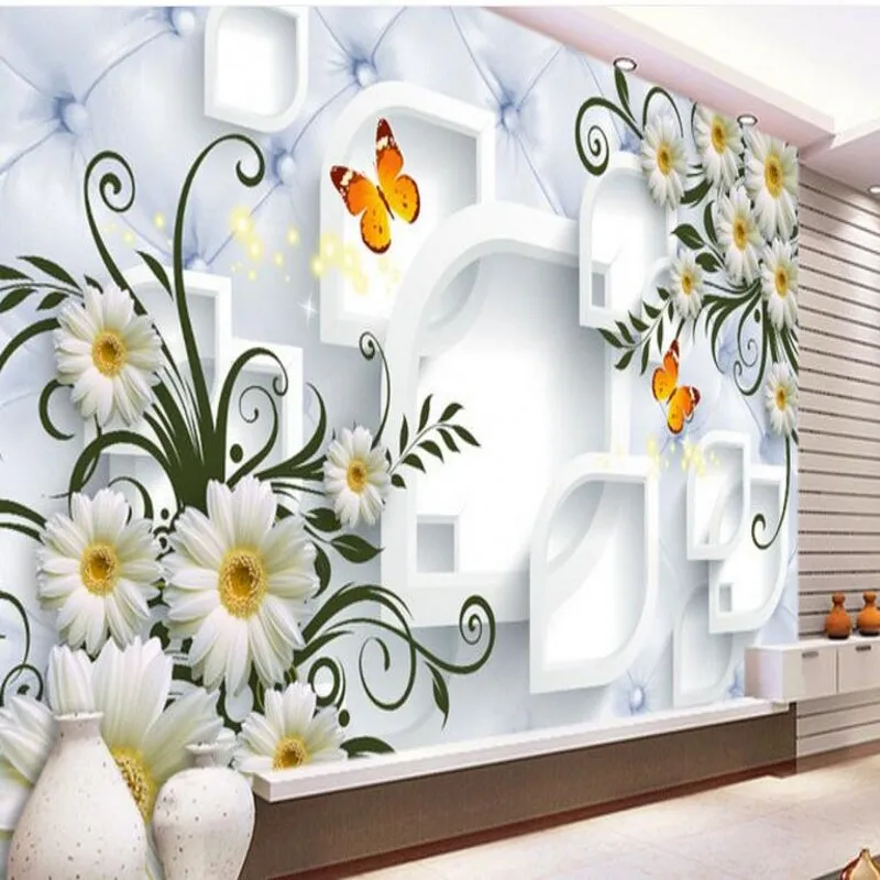 wellyu Custom large - scale murals white chrysanthemum simple fashion soft package 3D background wall non - woven wallpaper