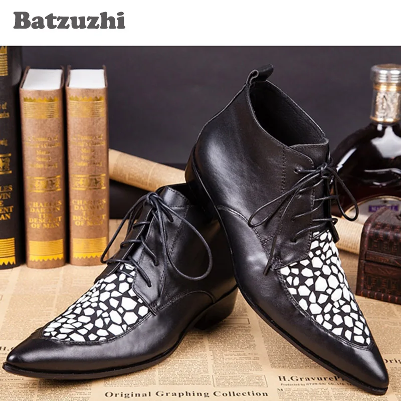 Batzuzhi أحذية رجالية برباط علوي أحذية جلدية سوداء بمقدمة مدببة أحذية جلدية عصرية للرجال على الطراز الإيطالي بوتاس، مقاس Pluz #3