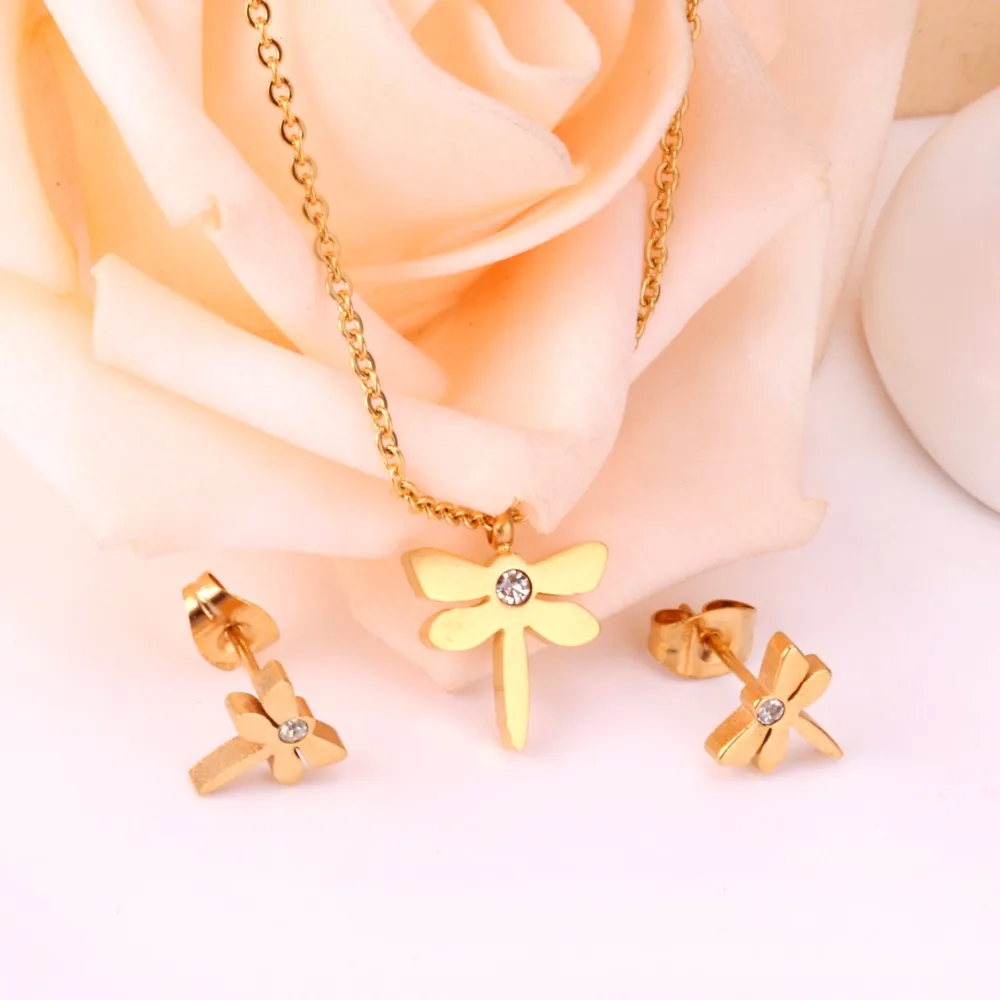 LUXUKISSKIDS Cute Dragonfly with Rhinestone Jewellery Set Stainless Steel Golden Necklace and Earrings Indian Bijoux for Women