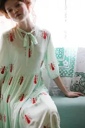 LYNETTE'S CHINOISERIE Summer Original Design Women High Quality Red Ants Embroidery Green Fresh Vintage Chiffon Twinset Dress