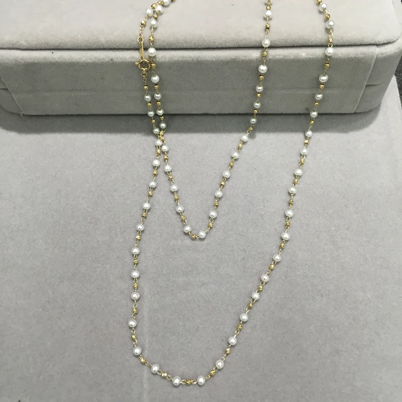 3-4MM long  fresh water pearl necklace 10K yellow gold small pearl necklace genuine jewelry fine women jewelry  free shipping