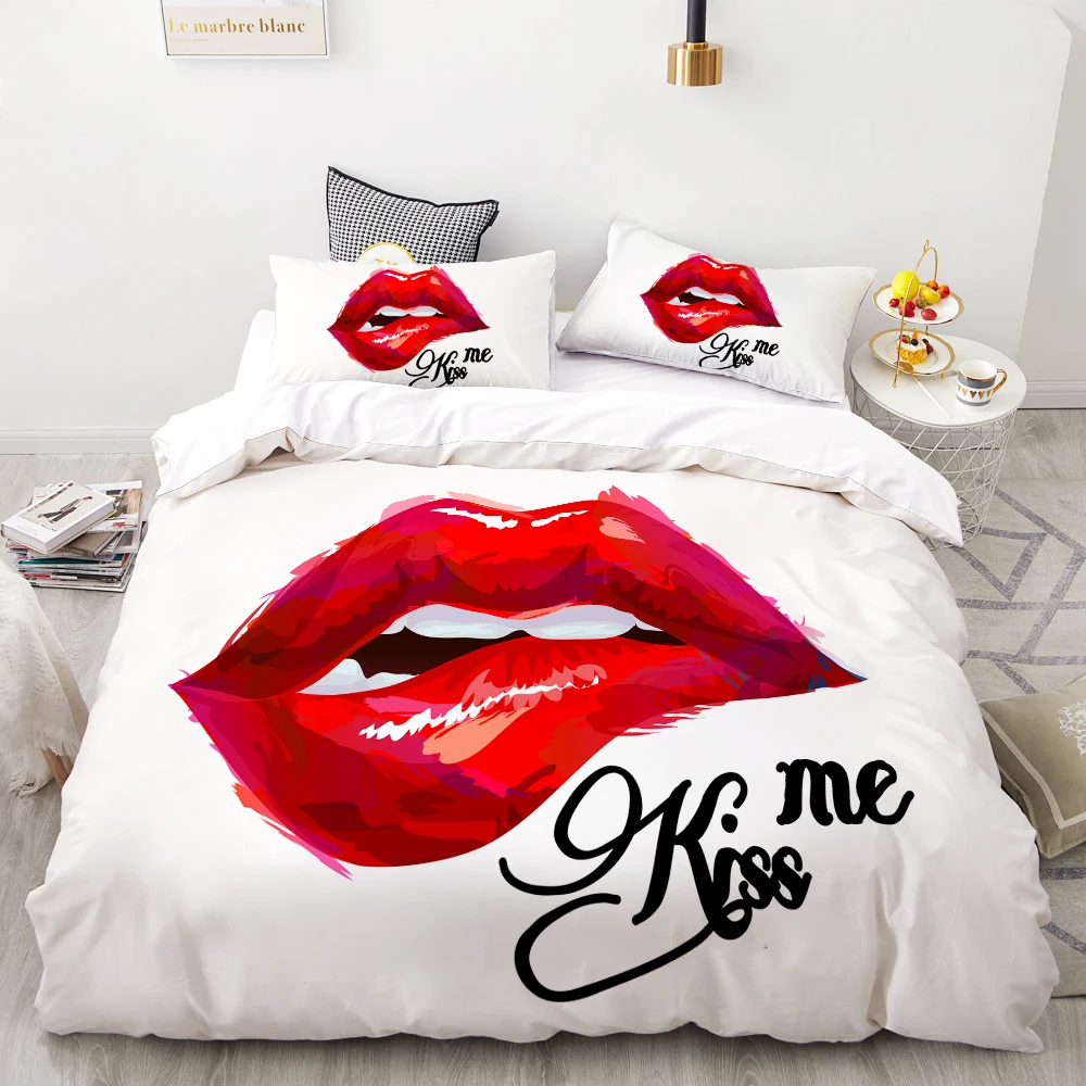 3D Digital Printing Custom Bedding Set,Quilt/Duvet Cover Set Twin Full Queen King,Bedclothes Sexy red lips Kiss Me Drop Shipping