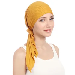 Muslim Women Stretch Solid Wrinkle Turban Hat Cancer Chemo Beanies Caps Pre-Tied Scarf Headwear Headwrap Plated Hair Accessories