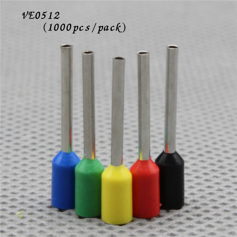 1000pcs/pack E0512 PVC Cord Pre-Insulated terminal Wire Bootlace Ferrules For 0.5mm2, 22 AWG,12mm Pin of Length Brass tubes