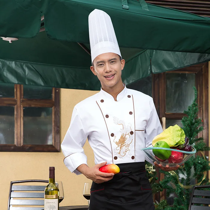 Macacão de chef de cozinha com mangas compridas, jaqueta branca adulta, uniforme de chef de cozinha, outono e inverno, roupa de dragão