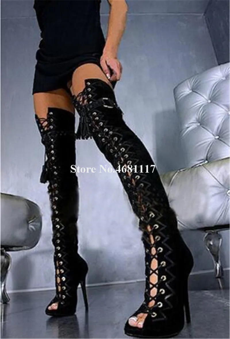 Puttee Over Knee Gladiator Boots Suede Leather Peep Toe Lace-up Buckle High Thin Heel Brand Design Women Fashion Long Boots