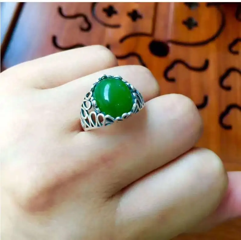 

Free shipping Natural Hetian Jade Man Ring 925 sterling silver Wholesales Fine jewelry 10*12mm gem