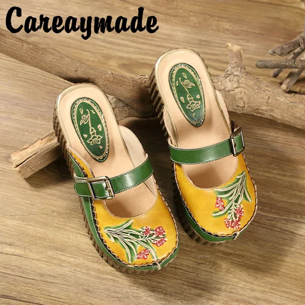 Careaymade-Folk style Head layer cowhide pure handmade Carved shoes, the retro art mori girl shoes,Women\'s casual Sandals 1908-6