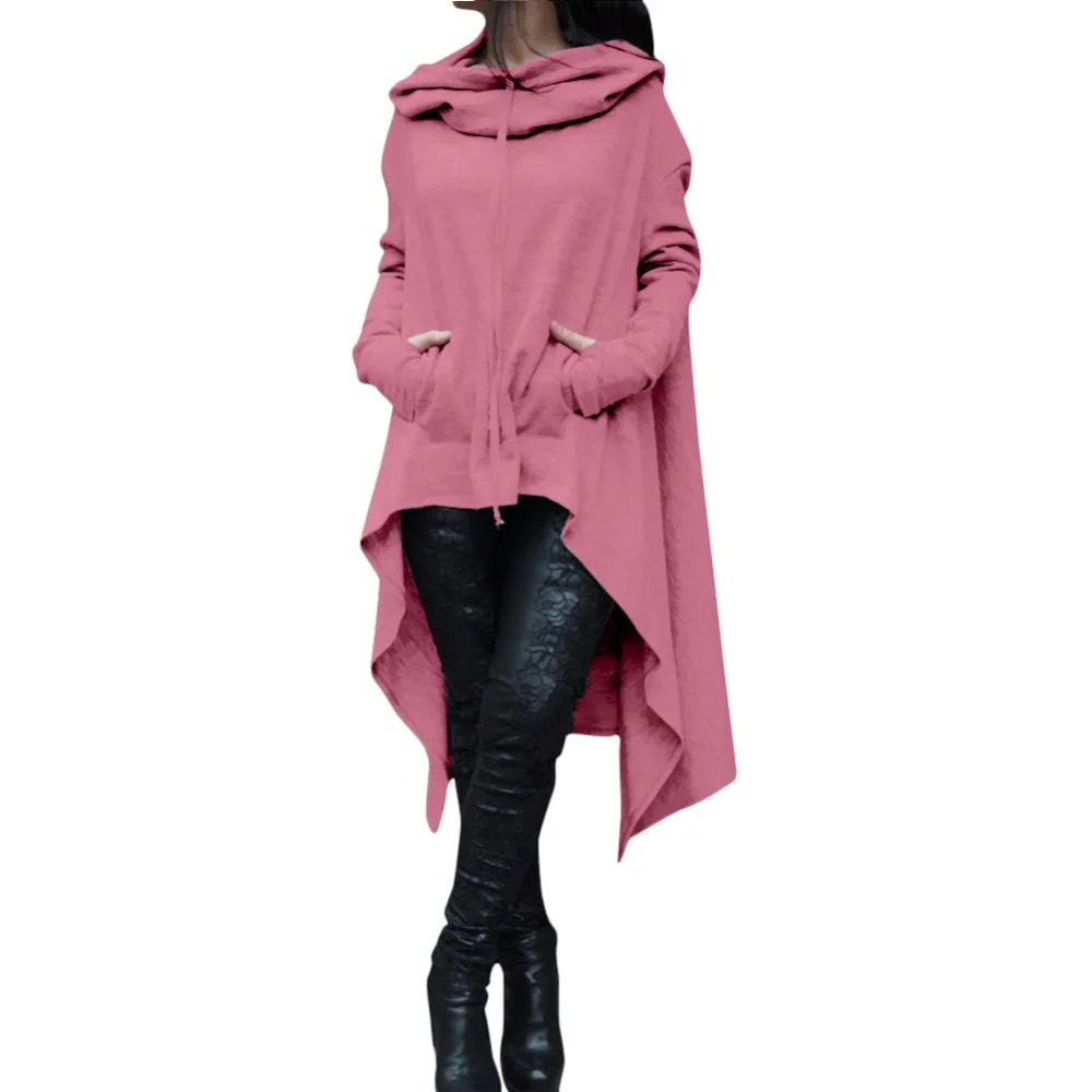 Autumn Winter Women Irregular Draw Cord Coat Long Sleeve Loose Casual Poncho Hooded Pullover Long Hoodies Sweatshirts