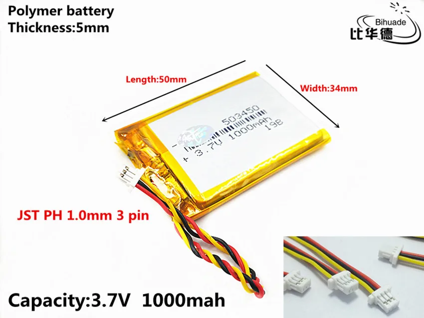 JST PH 1.0mm 3 pin Good Qulity 3.7V,1000mAH 503450 Polymer lithium ion / Li-ion battery for tablet pc BANK,GPS,mp3,mp4