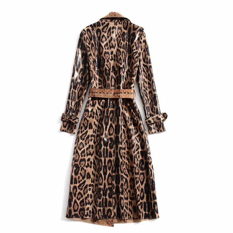 European and American women\'s 2024 winter clothing new  Long sleeve lapel  Leopard print  lace-up  Trench coat