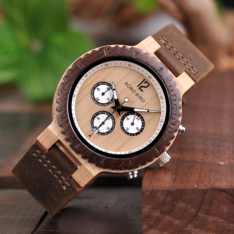 BOBO BIRD Wood Watch Men Chronograph Quartz Wristwatch Women Auto Date Relogio Feminino with Gift Box J-R08