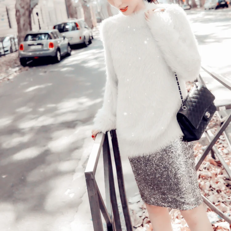 Cakucool Winter Sequined Sweater Women Long Sleeve Long Jumpers Beaded Embellish Furry Slit Knitted Pullover Sweaters Female