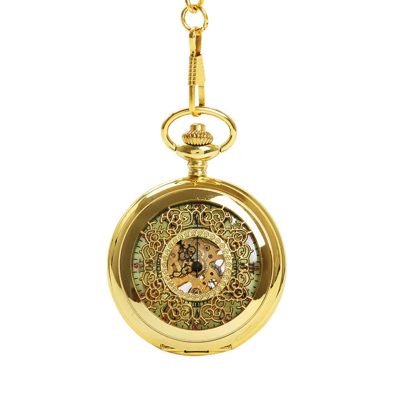 

Gold large thick chain dense flower hollow night light pocket watch ancient Roman text mechanical pocket watch 8931