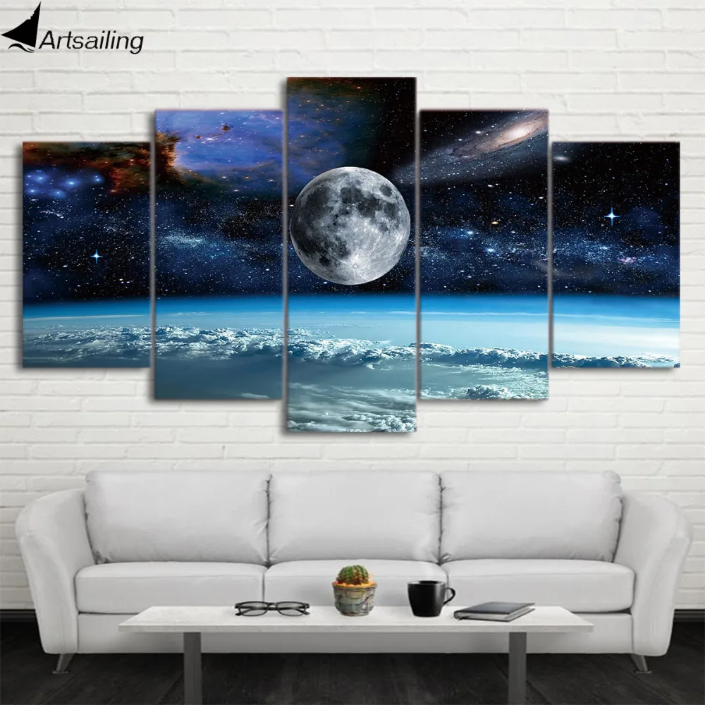 Print 5 Pieces Canvas Art Space Universe Moon Stars Painting Modular Framed Canvas Home Decor Poster For Living Room CU-1486C