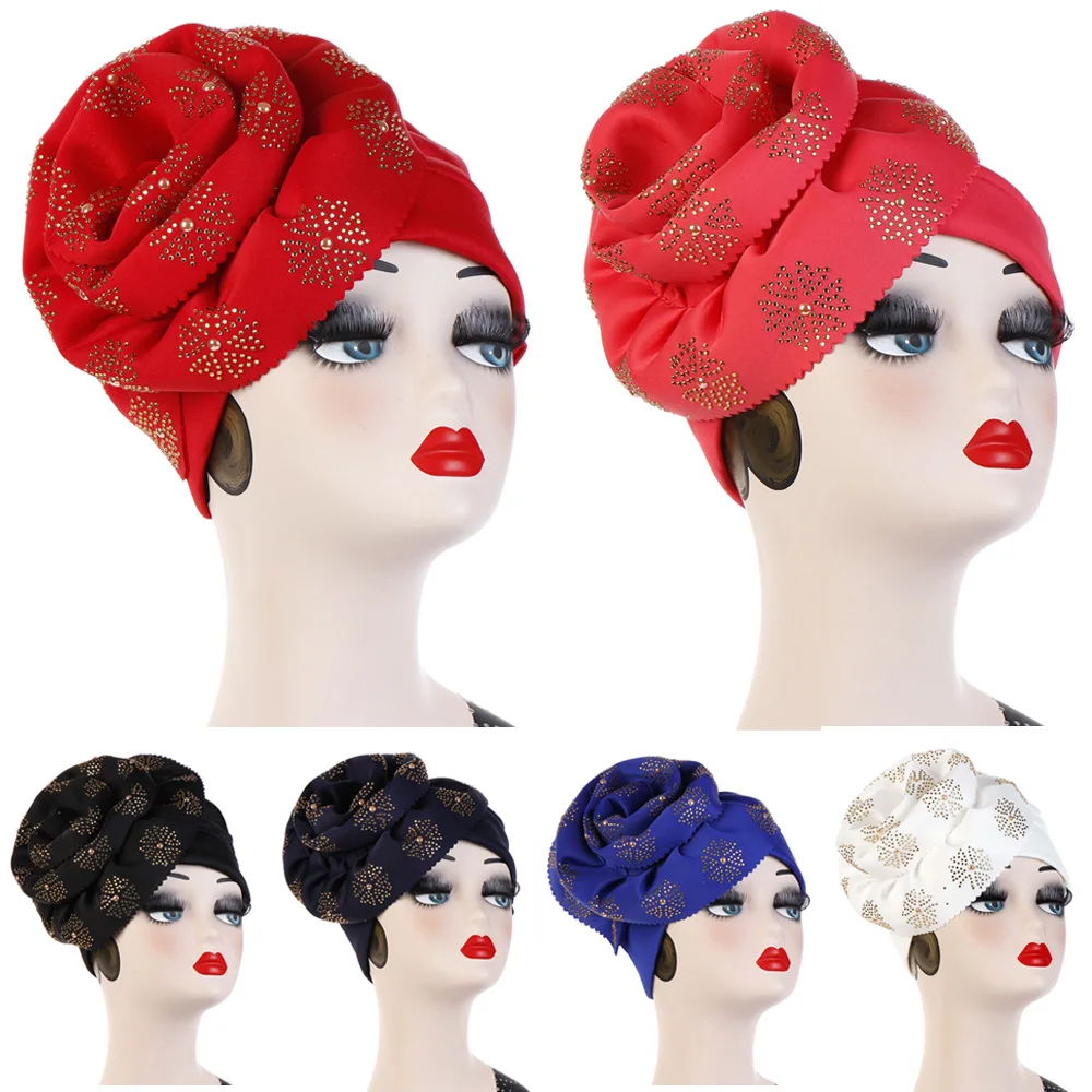 Women Stylish Side Big Flowers Diamond Decor Turban Hats Hair Head Wrap Cap HATQD0058