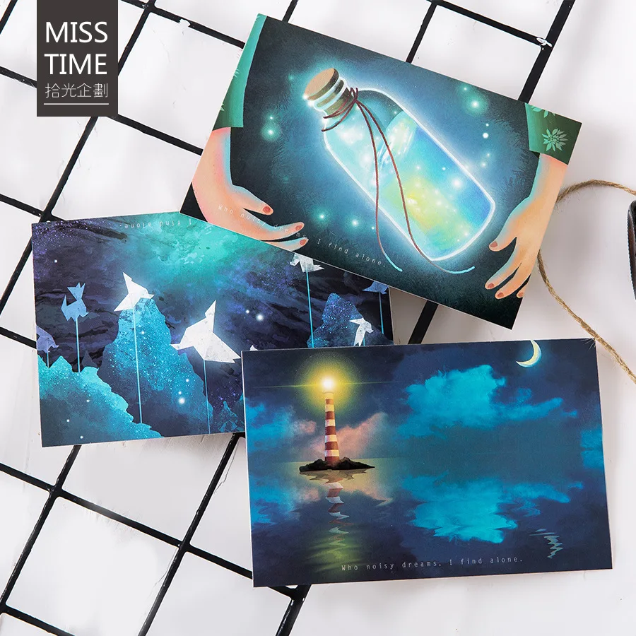 30 Sheets/Set Cartoon Anime Scenery Luminous Series Postcard Greeting Card Message Card Birthday Gift Card