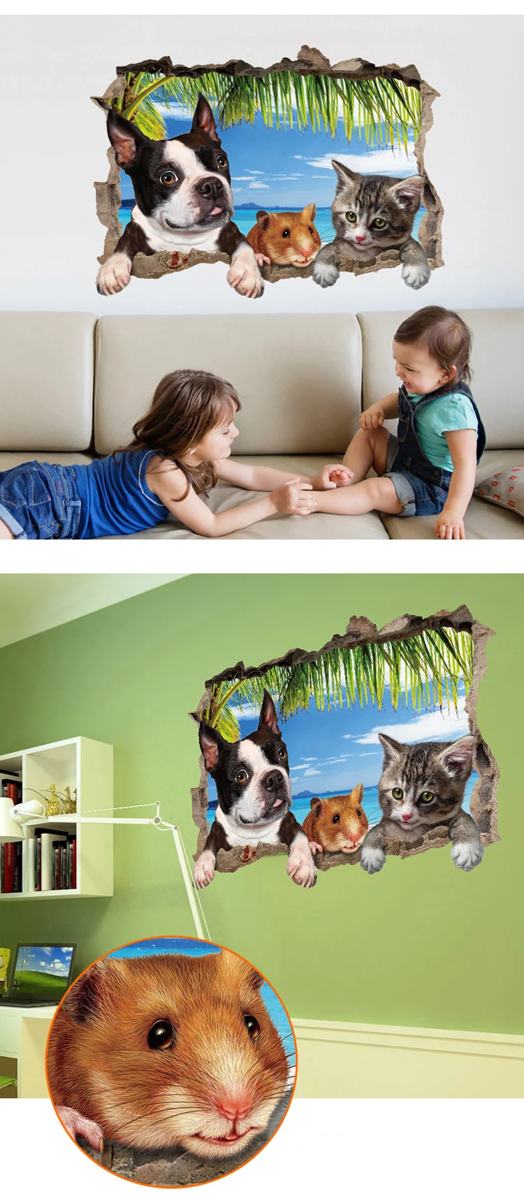 3D-Wandaufkleber mit Katzen-, Hunde- und Hamster-Motiven für Kinderzimmer, Wohnzimmerdekoration, Wandbild, Heimdekoration, Aufkleber, Tapeten – Detail 4