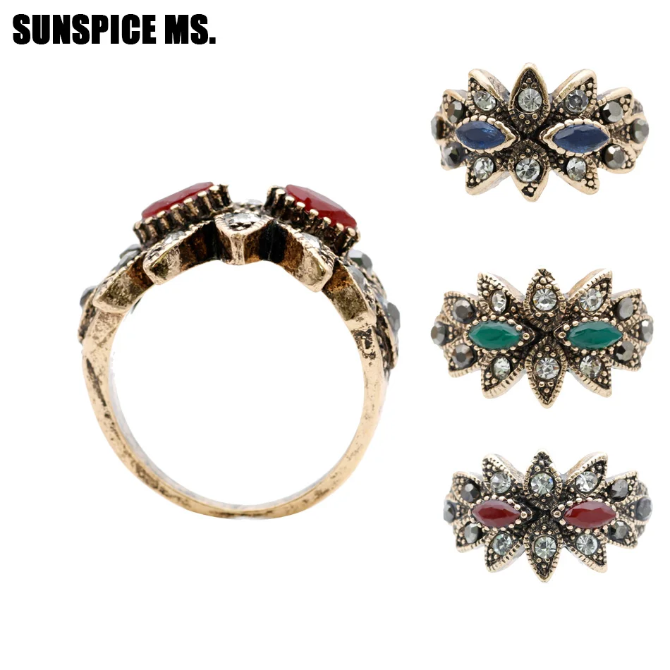 SUNSPICE MS. New Style Vintage Turkish Women Narrow Line Rings Antique Gold Color Resin Star Finger Rings Ethnic Indian Jewelry