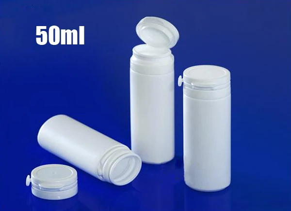 50pcs 50ml white color tearing cap flat bottles, xylitol bottle, solid tube, solid storages, capsules conatiner, plastic bottles