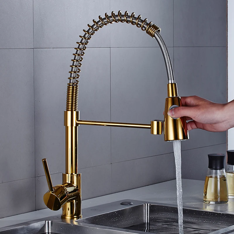 

Kitchen Sink Faucets Gold Brass Pull Out Spring Taps Spout Mixers Hot And Cold Water Crane DeckMounted Sinlge Handle Sinlge Hole