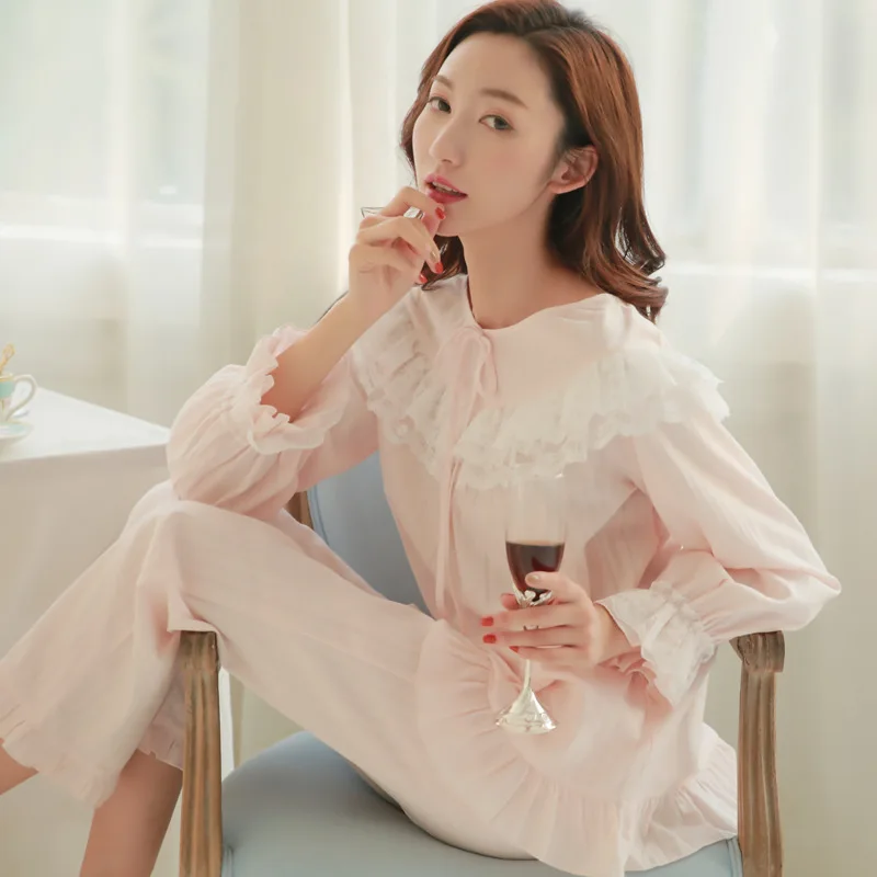 New Cute Autumn Women Royal Modal Pajamas Set Lady Pyjimas Hollow Lace Sleepwear  Retro Style QW1873