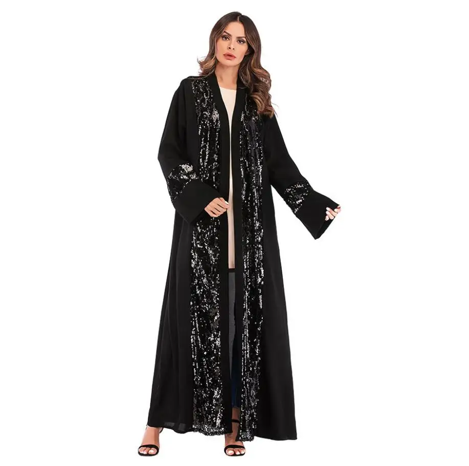 

Women Muslim Long-Sleeved fashion V-Neck Elegant Dresses Sequin Stitching Cardigan Robe muslim dress Female a1045