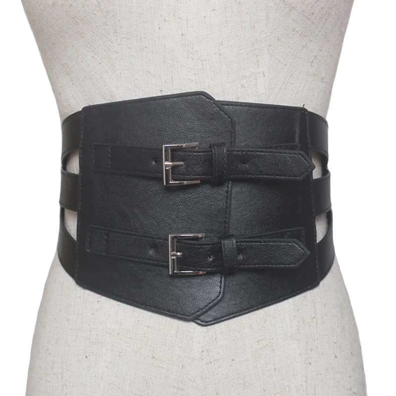 

New brand desgin hollow out Leather Belts metal Double Pin Buckle Wide Belt For Women Fashion Dress Decoration Female Cummerbund