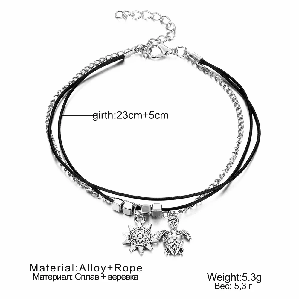 Vintage Multi Layered Turtle Pendant Anklet For Women Boho Sun Beads Charm Ankle Bracelet Summer Beach Leg Chain Foot Jewelry