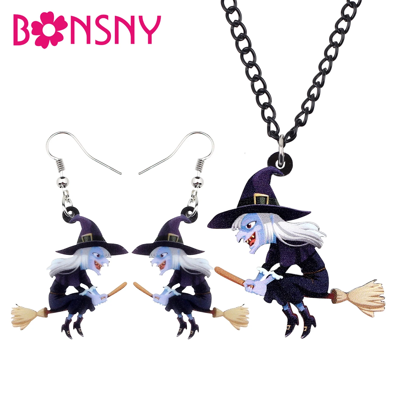 Bonsny Acrylic Jewelry Set Insidious Broom Witch Necklace Earrings Halloween Festival Pendant For Women Girls Teens Gift NE+EA