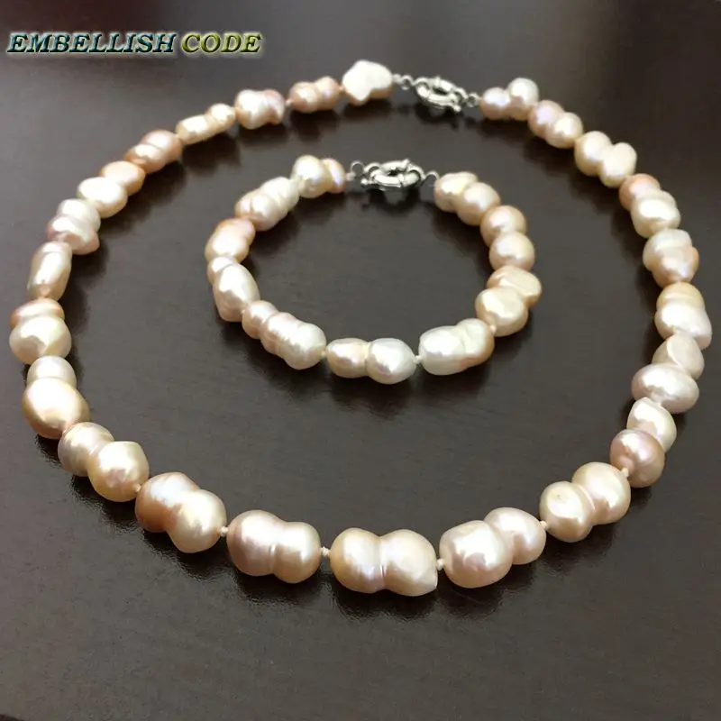 selling well pink Baroque Irregular style statement necklace bracelet bangle set Peanut shape real freshwater pearls make knots