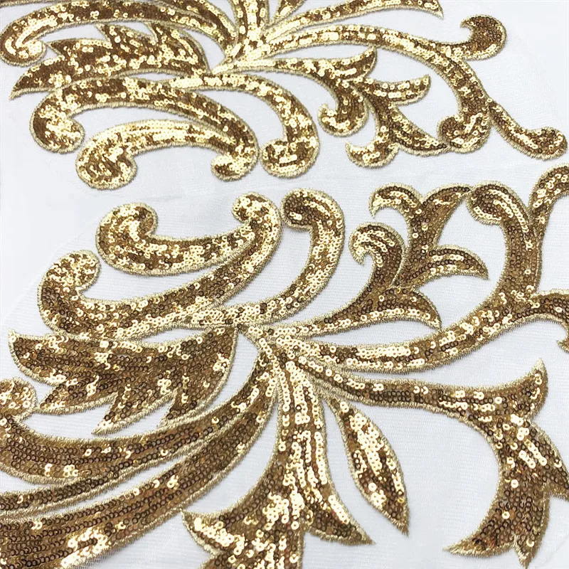 2PCS 46CM Gold Sequin Lace Fabric Appliques Sew On Patches Mesh Wedding Decoration Embroidery For Bride Evening Dress DIY image 6