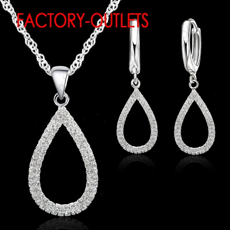 925 Sterling Silver Needle Bridal Jewelry Sets CZ Crystal Water Drop Necklaces Hoop Earrings Women Girls Engagement Anniversary