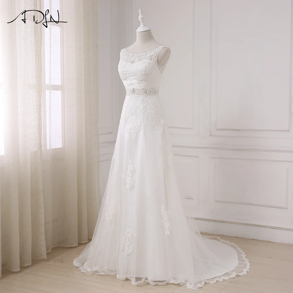 ADLN Scoop Spitze Hochzeit Kleider mit Strass vestido branco Nach Maß Perlen Plus Größe A-line Brautkleid Robe de Mariage