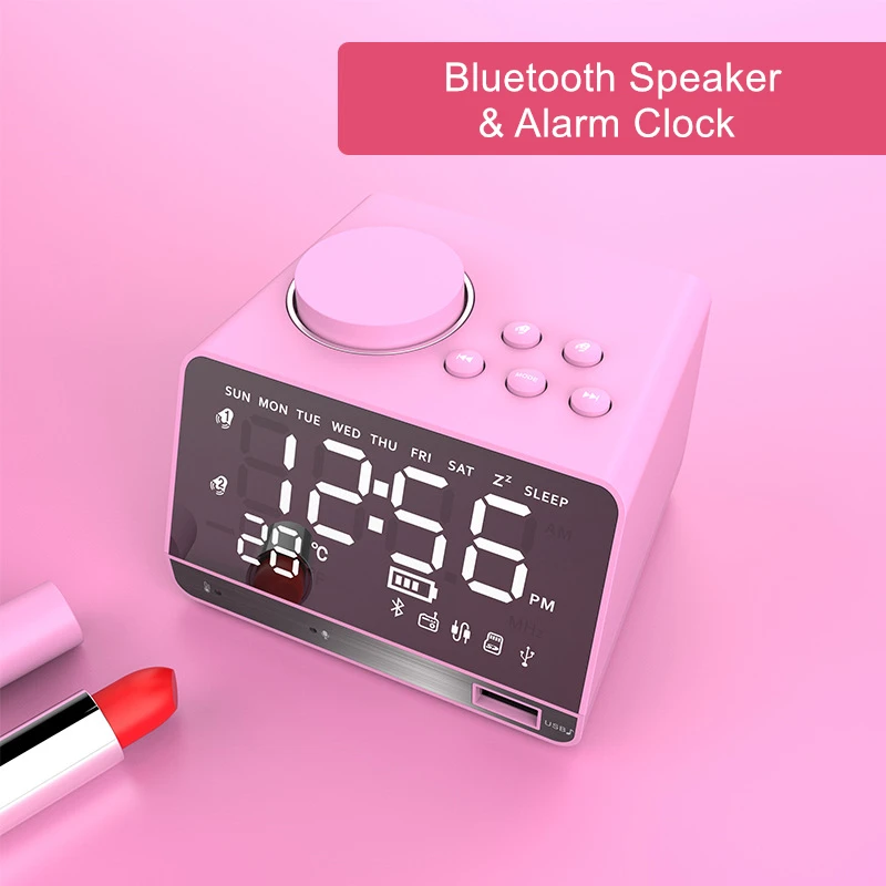 EXRIZU-알람 시계 및 블루투스 스피커 TF 카드 U-디스크 AUX 디지털 미러 디스플레이, FM 라디오베이스 서브 우퍼 사운드 무선 스피커