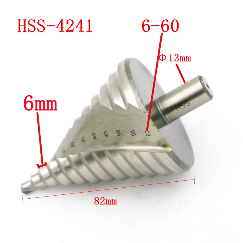 6-60mm Hss Step Cone Drill Bit Hole Cutter Set 12 Steps Metric Step Drill Wood Plastic Metal Drilling Shank Dia 13mm