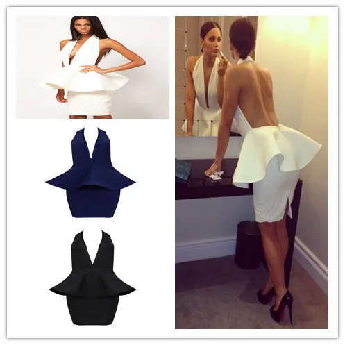 High Quality Celebrity White Backless V-neck Ruffles Rayon Bandage Dress Evening Party Dress Vestidos