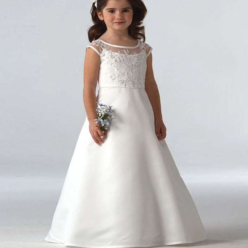 

New Flower Girls Dresses High Quality Lace Appliques Beading Ball Gowns Beading Floor Length Pageant First Communion Dresses