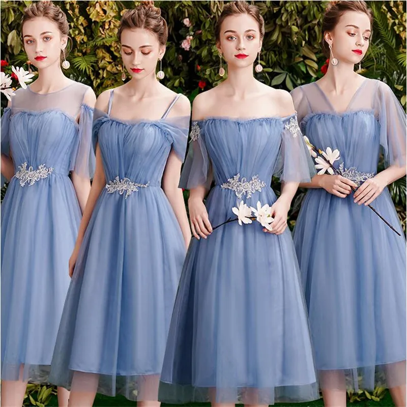 

New Bridesmaid Dresses Dusty Blue Tea Length Summer Fall Formal Graduation Prom Party Gown Gift for Girlfriend Robe Demoiselleur