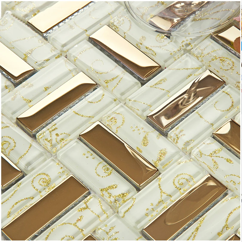 

11 sheets Electroplated Gold Grass Leaf Art Glass Mosaic Tiles for Kitchen Cabinet Fireplace Wall Decoration Home improvement,