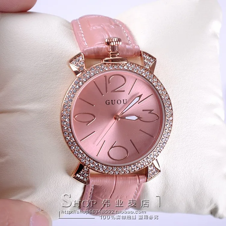 GUOU purple rose gold women luxury brand full rhinestone watch ladies genuine leather band quartz watch women famous wristwatch