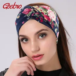 Geebro Women Twisted Knotted Headband Summer Bohemia Floral Wide Stretch Hair Band for Girls Elastic Turban Flower Spa Headbands