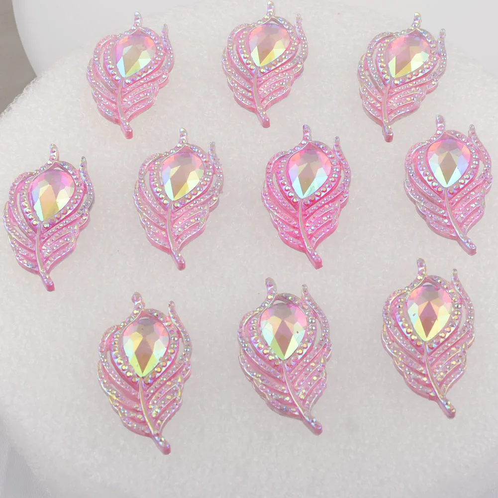 BOLIAO 10Pcs 20*38mm( 0.79in*1.5in ) Peacock Leaf Resin Shining Pink Crystal Flatback No Hole Glue Home Holiday Decoration