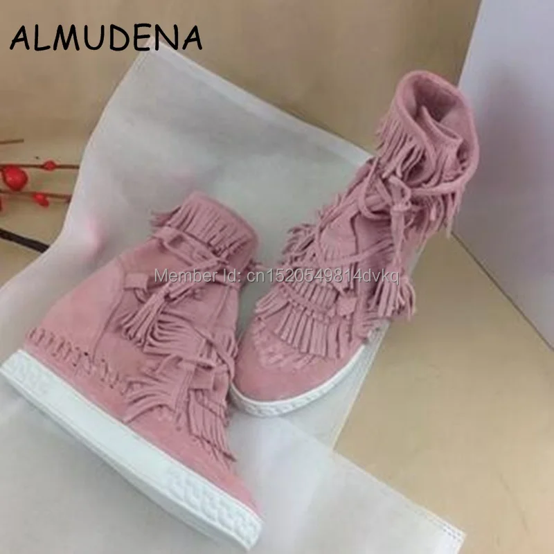 Top Quality Women Spring Autumn Fringed Wedge Hidden Casual Shoes Suede Leather Platform Ankle Boots Lace Up Woman Shoes