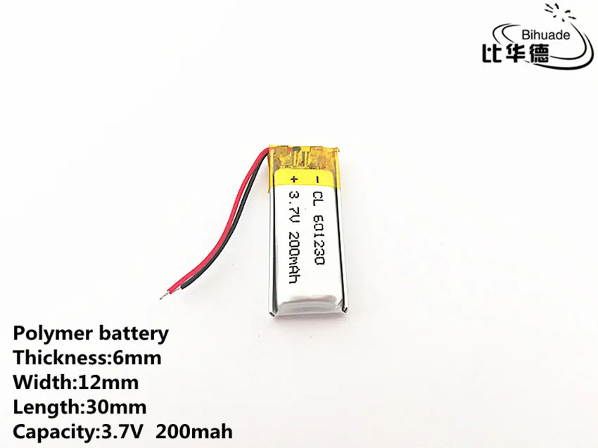 2 sztuk/partia 3.7 V, 200 mAH, 601230 polimerowy akumulator litowo-jonowy/litowo-jonowy do TOY, POWER BANK, GPS, mp3, mp4