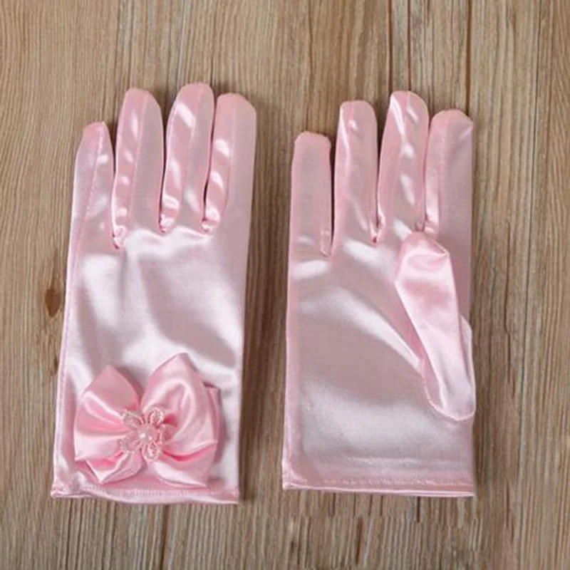 Elastic Girl Etiquette Performance Glove Satin Pearl Flower Lace Bow Short Children Princess Wedding Dress Dance Mitten L44